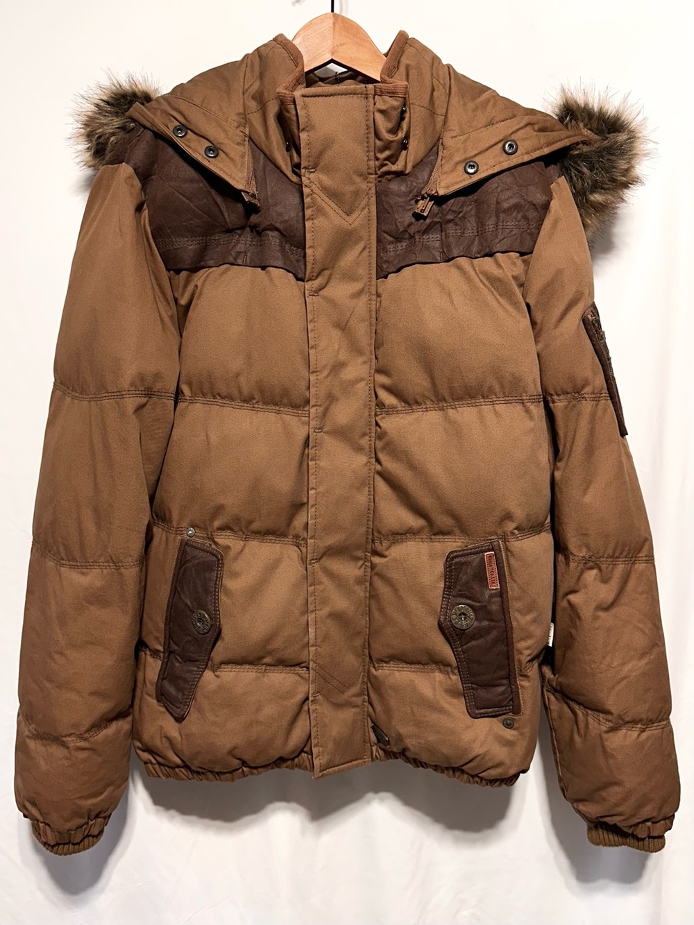 Khujo Mens XL Brown Puffer Jacket Faux Fur Hood Plaid Lined Winter Coat